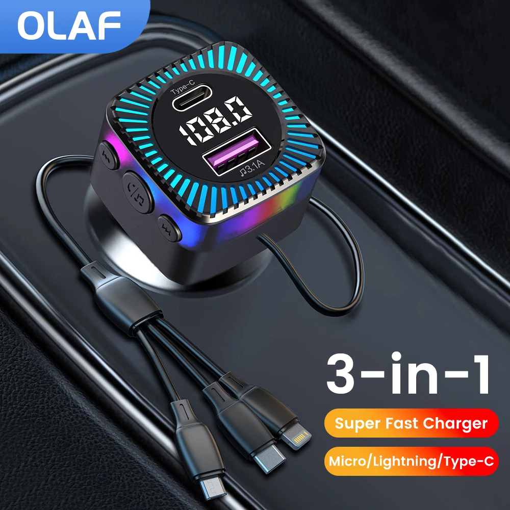 

Bluetooth Car Charger Fast Charging With 3 in 1 Cable 1.5m LED Light Car Phone Charger Adapter For iPhone Xiaomi Huawei Sumsung