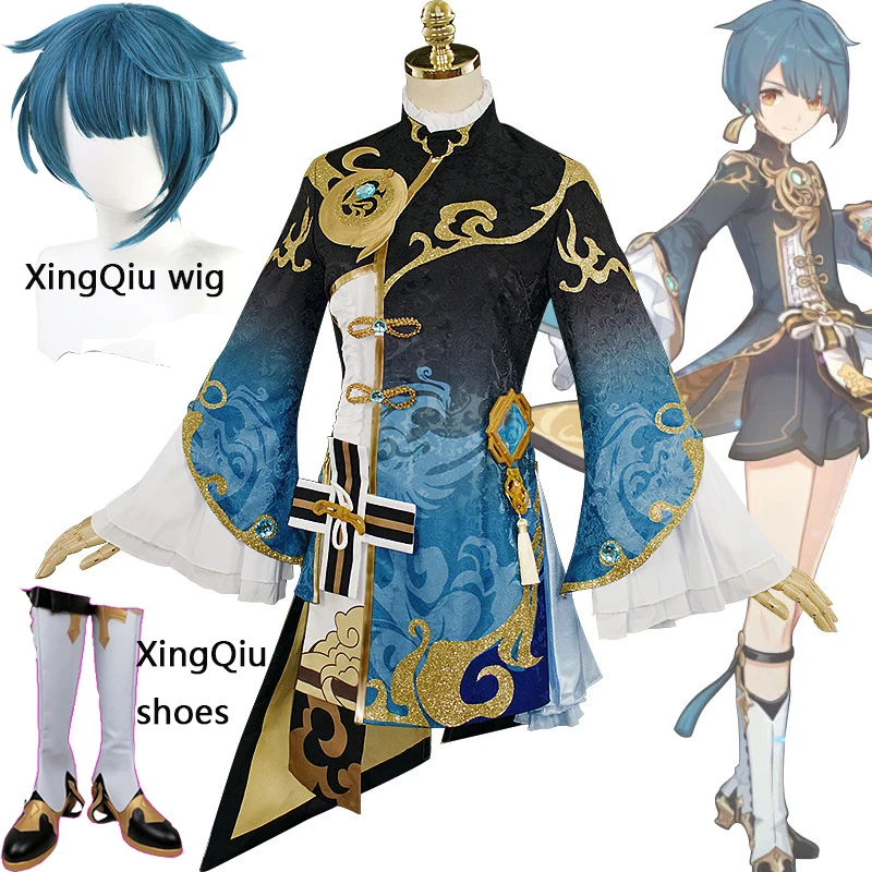 

Anime Game Genshin Impact XingQiu Cosplay Costume Xing Qiu Outfit Shoes Earrings Wig Cosplay Halloween Costume for Women Girls