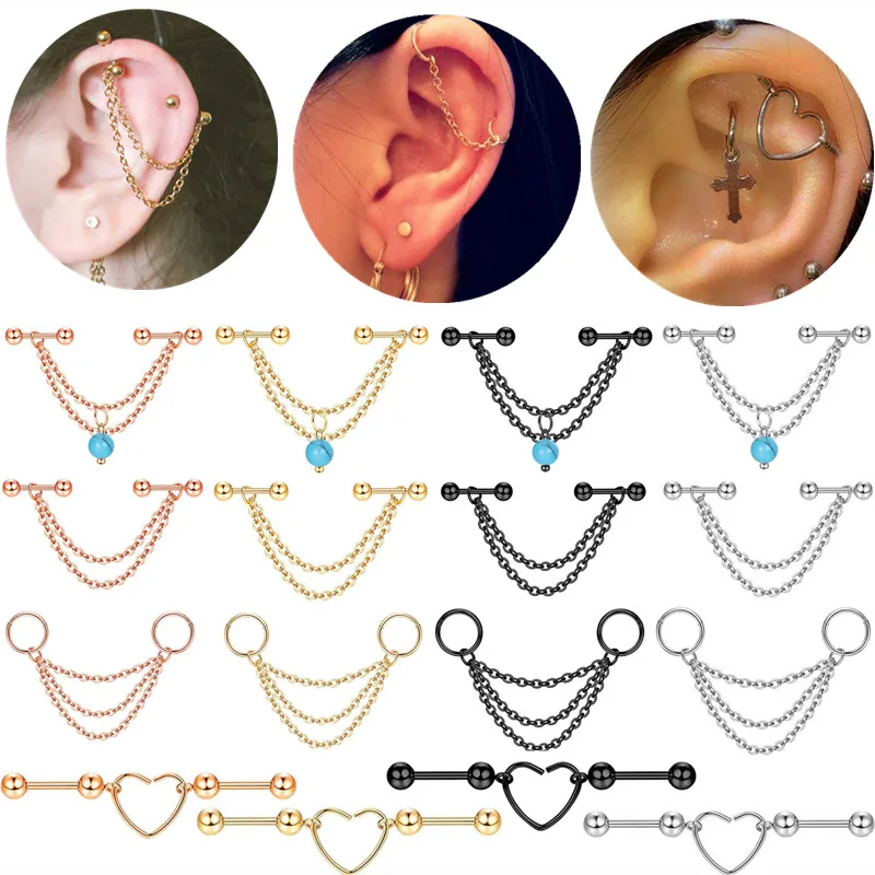 Industrial Chain Earring Double Piercing Stud Hoop Chain Earrings Helix Piercing Cartilage Earrings Tragus Studs Lobe Jewelry