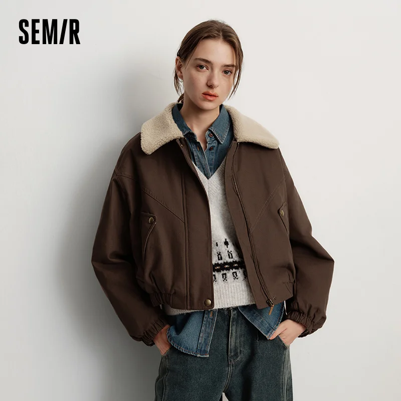 Фото Женская зимняя куртка Semir с хлопковой подкладкой из искусственной овечьей шерсти с лацканами, оверсайз, новинка 2025, куртка в стиле сарая, женская одежда №2