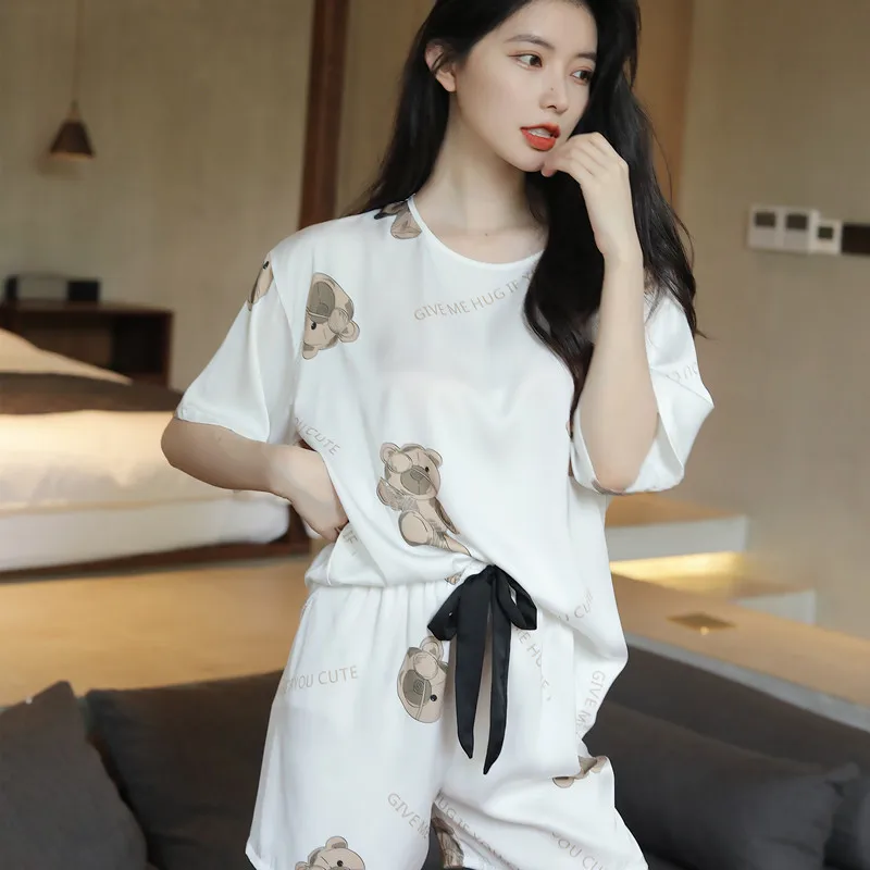 PICKBIRD 2022 Summer thin silk print short-sleeved shorts crew neck pajamas women's suit ice silk large size pullover home wear