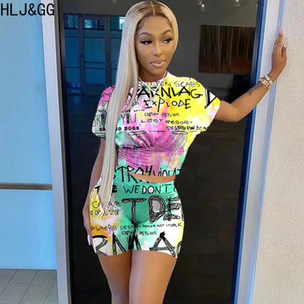 

HLJ&GG Fashion Street Style Women Graffiti Printing Round Neck Loose Tshirt + Shorts Two Piece Sets Casual Matching 2pcs Outfits