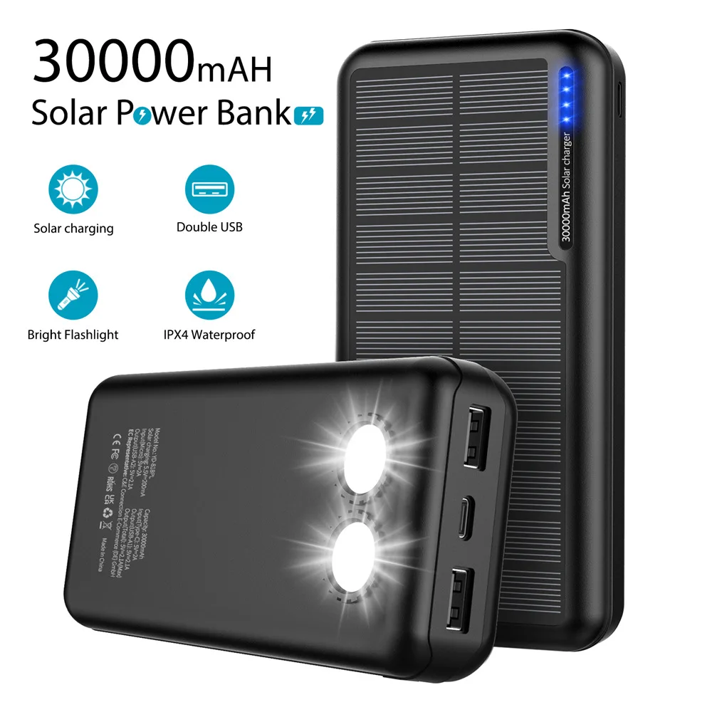 

Solar Mobile Power 30000mA Bright Double Lamp Outdoor Waterproof 2 USB Large Capacity Outdoor Self-Contained Cable Charger