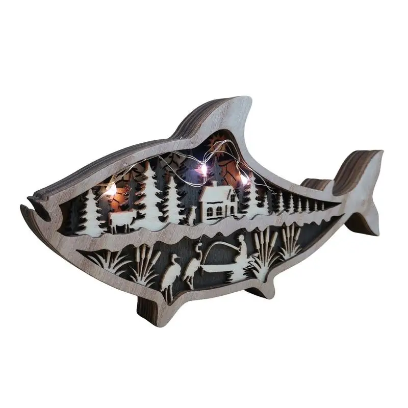 

Wood Fish Wall Decor Theme Luminous Wooden Fish Decor With Bright LED Lights Fish Sculpture Wall Art Ornament For Home Theme