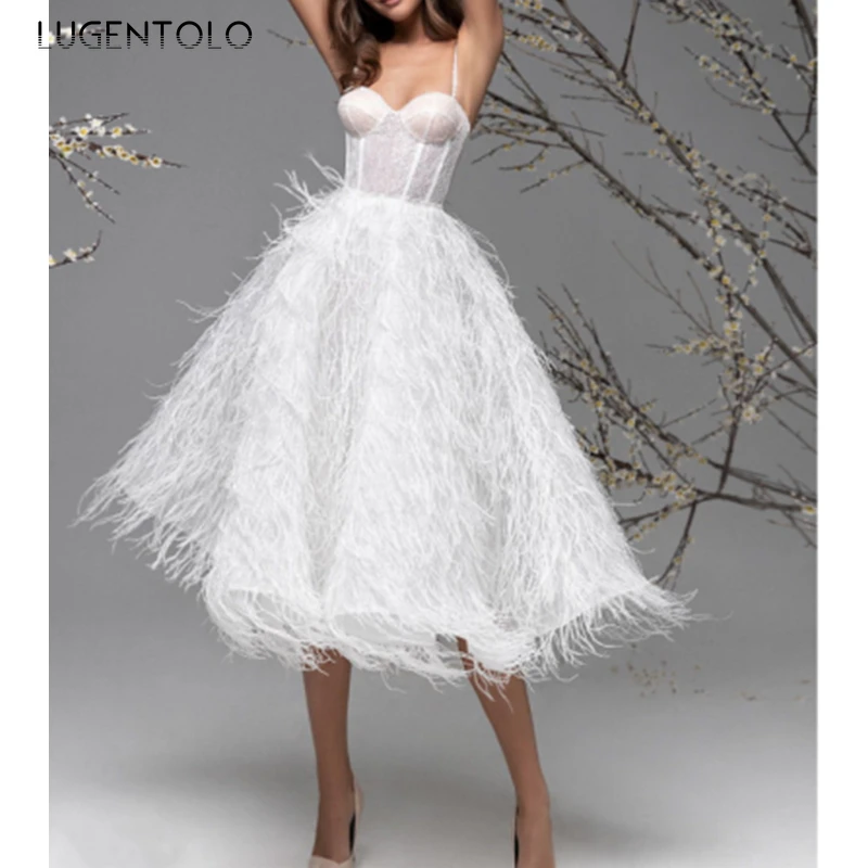 

Women Sexy Dress Party Sleeveless White Slim Feather Big Swing Dresses Ladies Empire Backless Dinner Spring Mid Dress