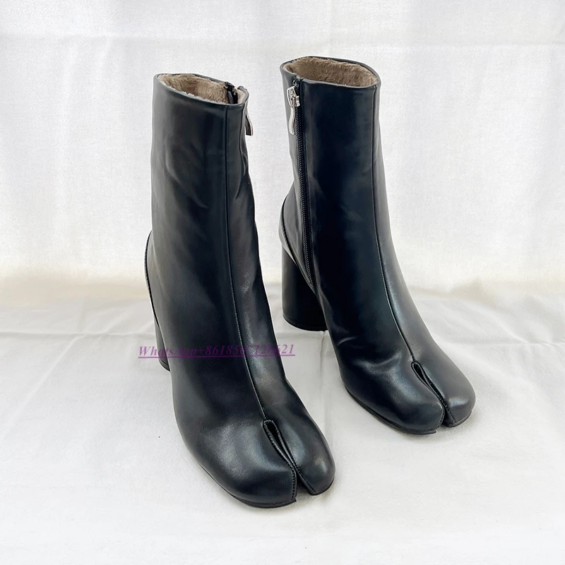 Horseshoe Split-Toe Boots Women's Fleece Warm Short Cotton Boots Side Zipper Chunky Heel High-Heeled Ankle Boots