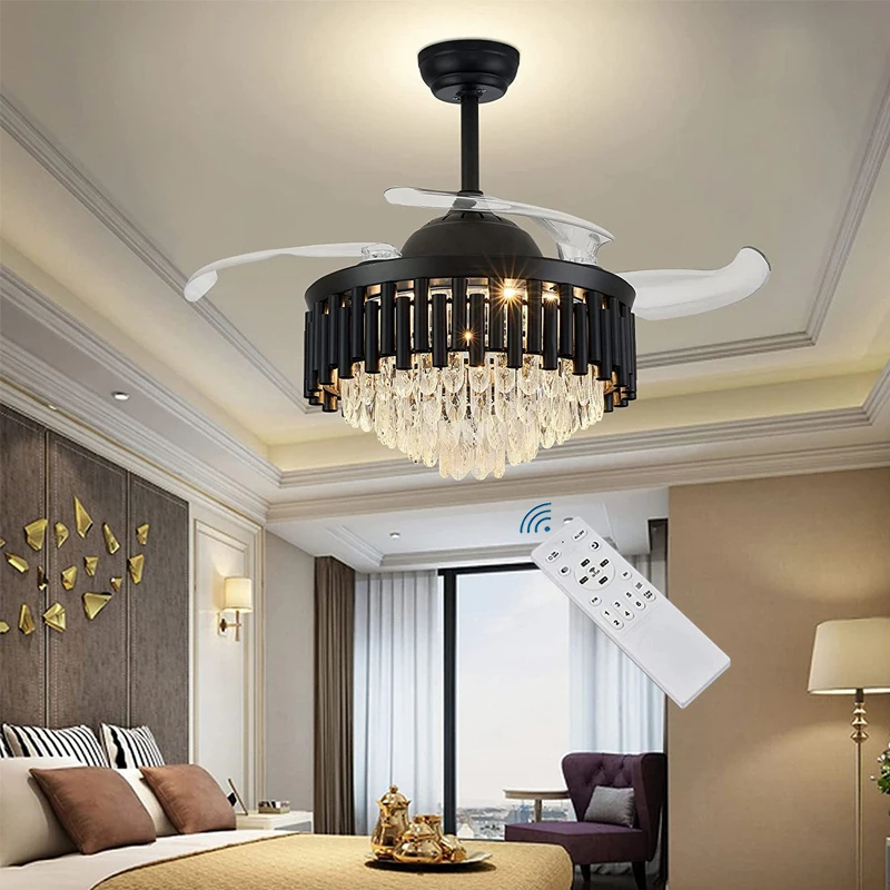 

42 Inch Dimmable Ceiling Fan with Lights Remote, Invisible Blades Crystal Fandelier Retractable Control Ceiling Fan Chandelier