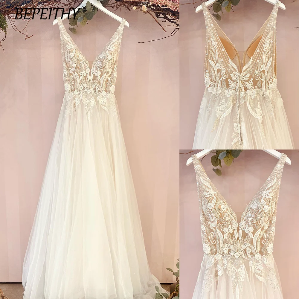 

V Neck Sleeveless Boho Wedding Dresses With Sequins Embellished Exquisite Beading A Line Wedding Gown Elegant Bridal Dress 2023