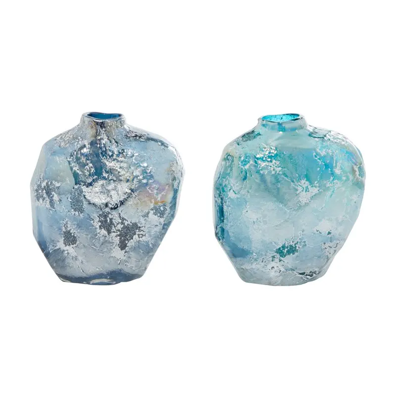 

The 8"W, 9"H Handmade Blown Blue Glass Vase, Set of 2
