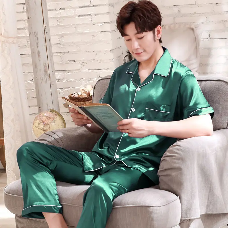 Men's Pajamas Set Silk Satin Pajamas Lapel Pajamas Pajamas Long Sleeve Spring Pajamas Men's Two-piece Set Casual Loose Homewear