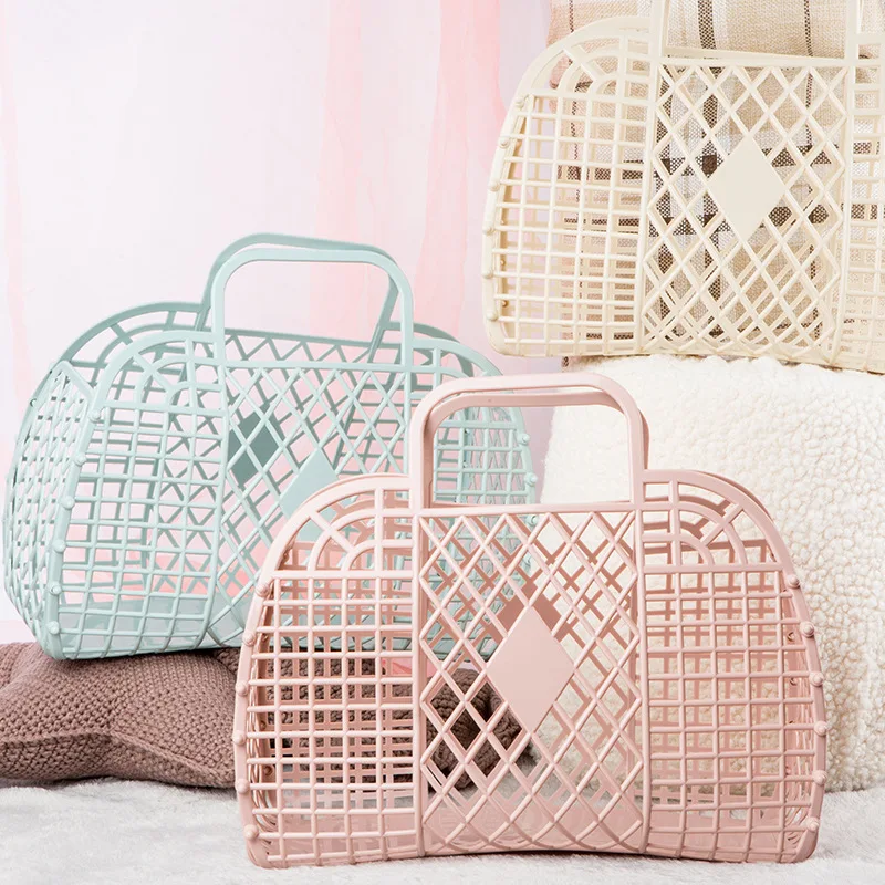 

Plastic Hollow Shopping Storage Basket Large-capacity Bag Foldable Mesh Portable Plastic Organizers Storage Baskets
