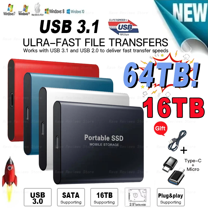 

Original Portable Drive SSD 64TB External Solid State Drive M.2 USB 3.1 High Speed Ssd 500GB External Hard Drive laptop ssd