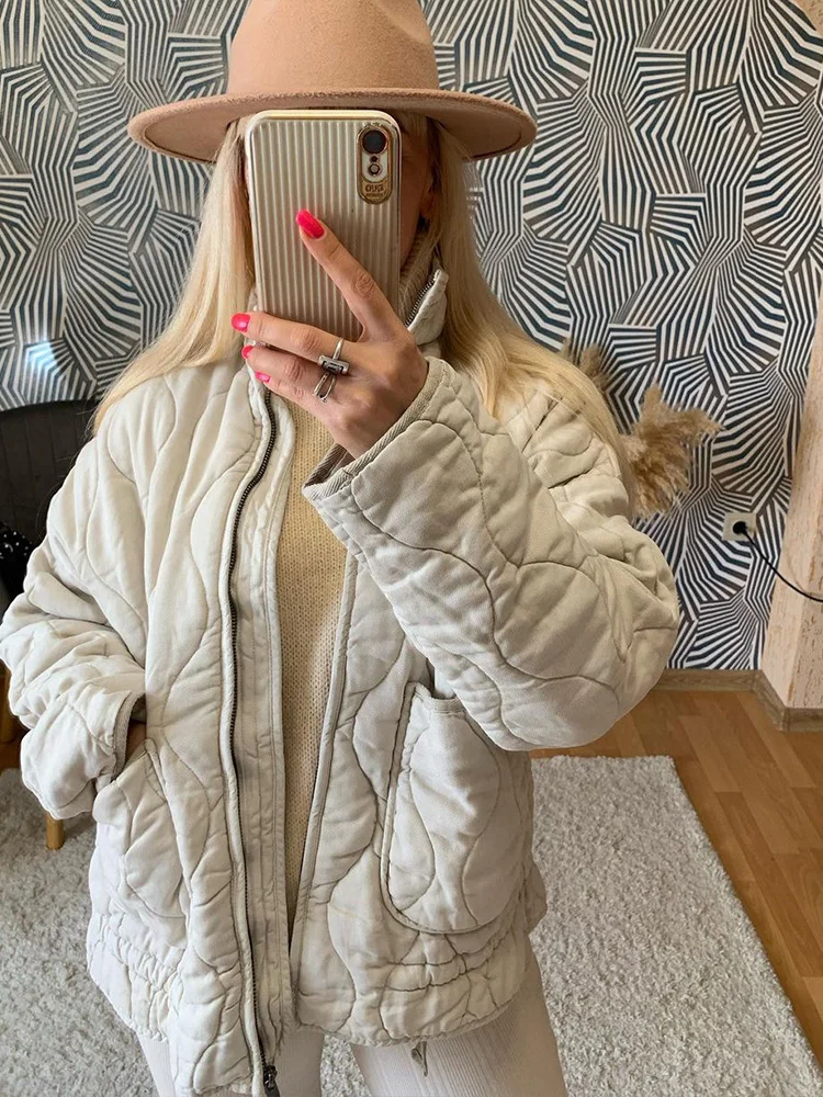 TRAF Cotton Coat Women's 2023 Winter Fashion Pocket Drawstring Warm Vintage Long Sleeve Zipper Female Outerwear Tops Jacket