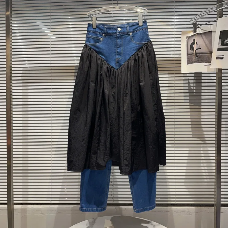 

BORVEMAYS Pleated Patchwork Jeans Personality Temperament High Waist Fake Two Pieces Street Women Autumn New Trousers WZ5450