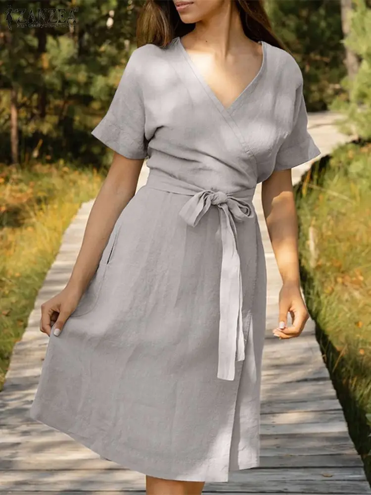 

Платье ZANZEA женское средней длины с коротким рукавом, элегантный сарафан с запахом, длиной до колен, на шнуровке, однотонный халат с V-образны...