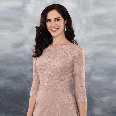 Charming Hot Sale Dusty Rose Mother of the Bride Dresses Lace 2023 Latest Wedding Party Gowns with 3/4 Sleeves Bateau Neckline