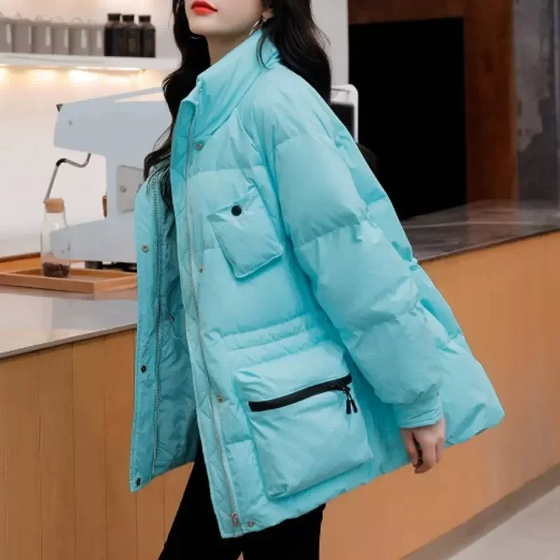 Fashion Jacket Korean Women's 2023 New Stand-up Collar Thickened White Duck Down Winter Coat Long Sleeve Clothes