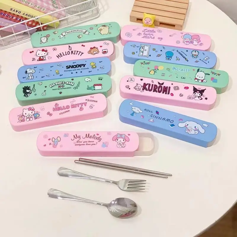 

Sanrios Hellokittys Kuromi Cinnamoroll Kawaii Anime Surrounding Spoon Chopsticks Set Cute Cartoon Travel Portable Cutlery Set