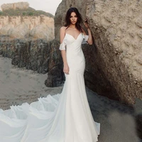 sexy v neck wedding dress spaghetti straps 2022 beach backless bride dress mermaid short sleeve sweep train vestido de noiva
