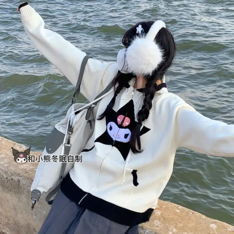 

Cartoon Autumn Winter Sanrio Kuromi Cardigan Cute Hot Girl Student Hooded Zipper Loose Slim Warm Long-Sleeved Sweater Jacket