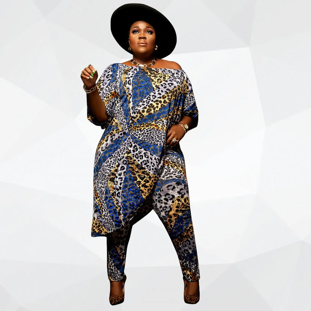 

Plus Size Sets Leopard Two Piece Outfits Women's Clothing Wholesale O Neck LooseTop Long Style Leggings Pattern Dropshipping