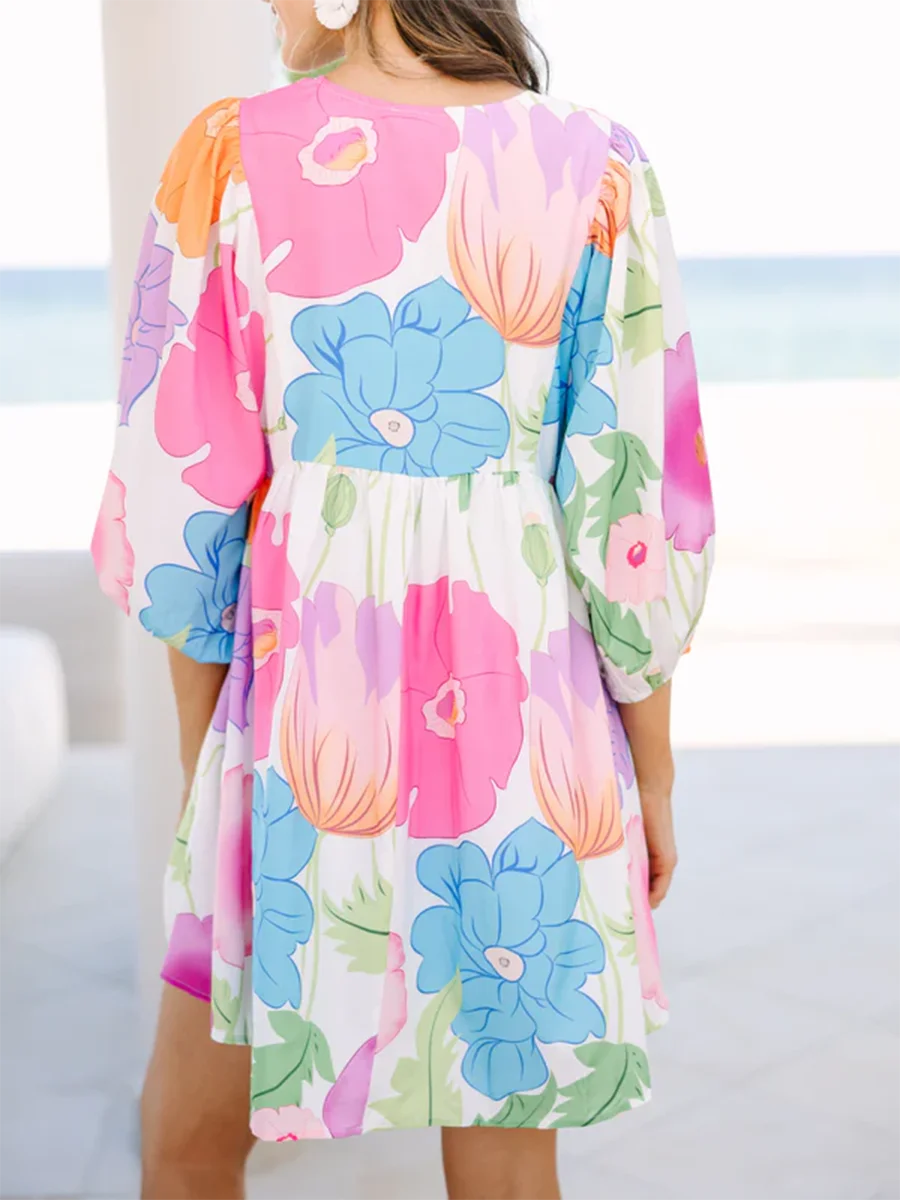 Мини-платье Babydoll женское с пышными рукавами цветочный сарафан в стиле бохо