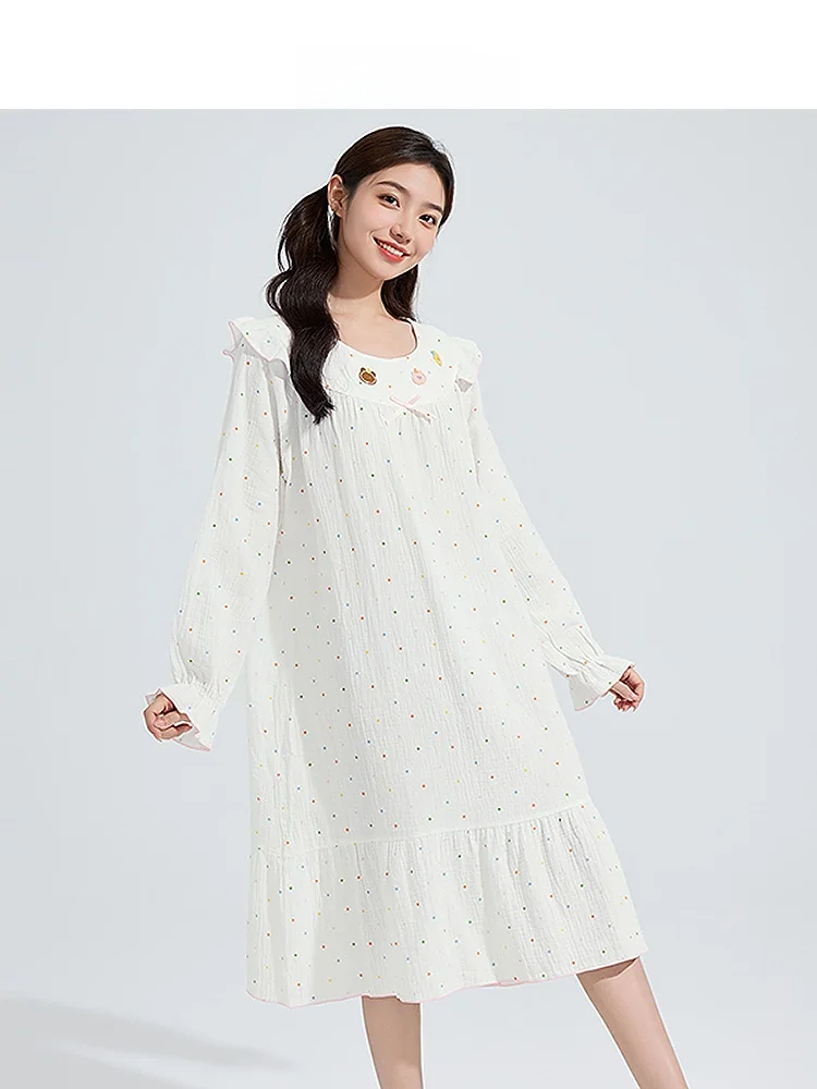 Женская Осенняя Ночная сорочка в горошек Sanfu милая двухслойная Домашняя одежда с