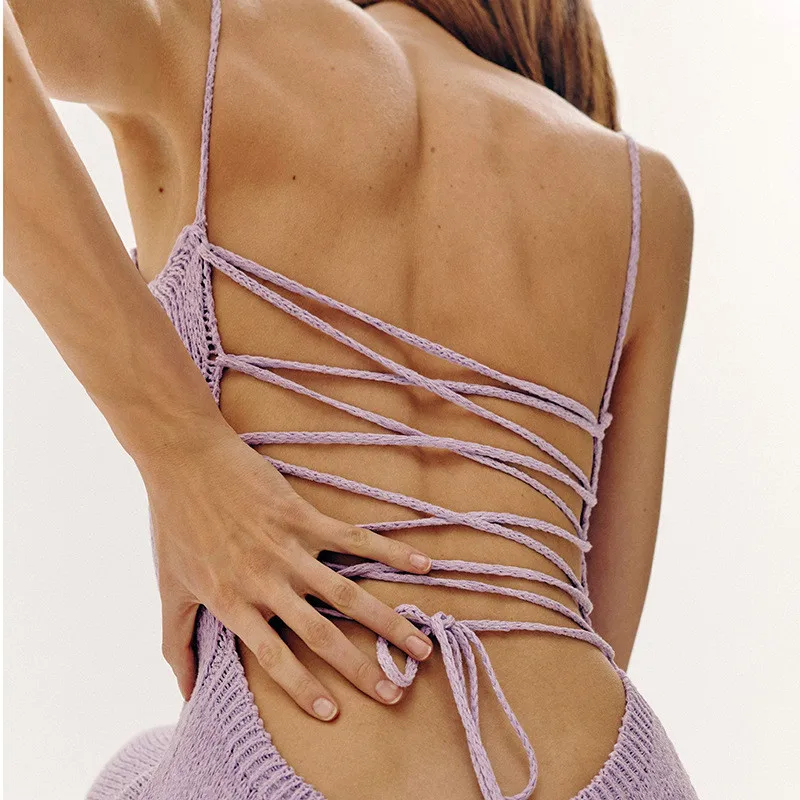 

2022 New Strapless Fashion Sexy Slit Dress Backless Knitted Elegant Strap Dresses Bandage Party Hollow Bodycon Dress for Women