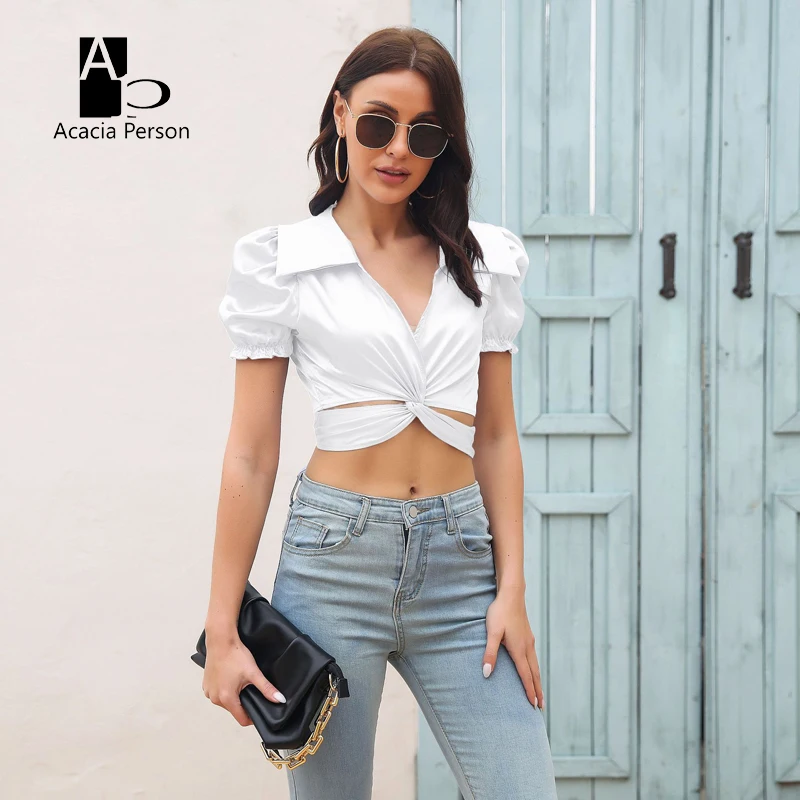 

Блузка женская однотонная с пышными рукавами, укороченный топ с завязкой спереди и сзади, пикантный топ с глубоким V-образным вырезом и узки...