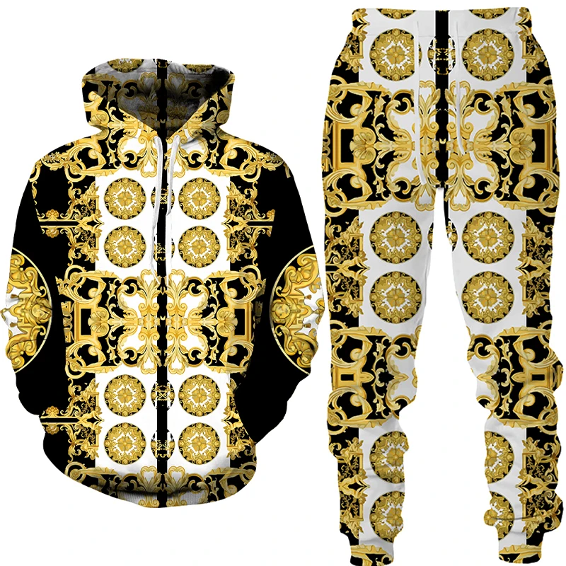 

Vintage 3D Gold Pattern Print Men's Hooded Sweater Set Brand Fashion Men's Sportswear Tracksuit Long Sleeve Men's Trousers Suit