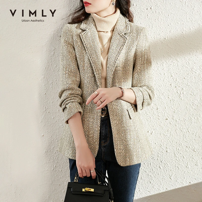 VIMLY Winter Jackets Blends Coats for women 2022 Fashion Lapel Pockets Overcoat Elegant Female Office Lady Woolen Coat V0635