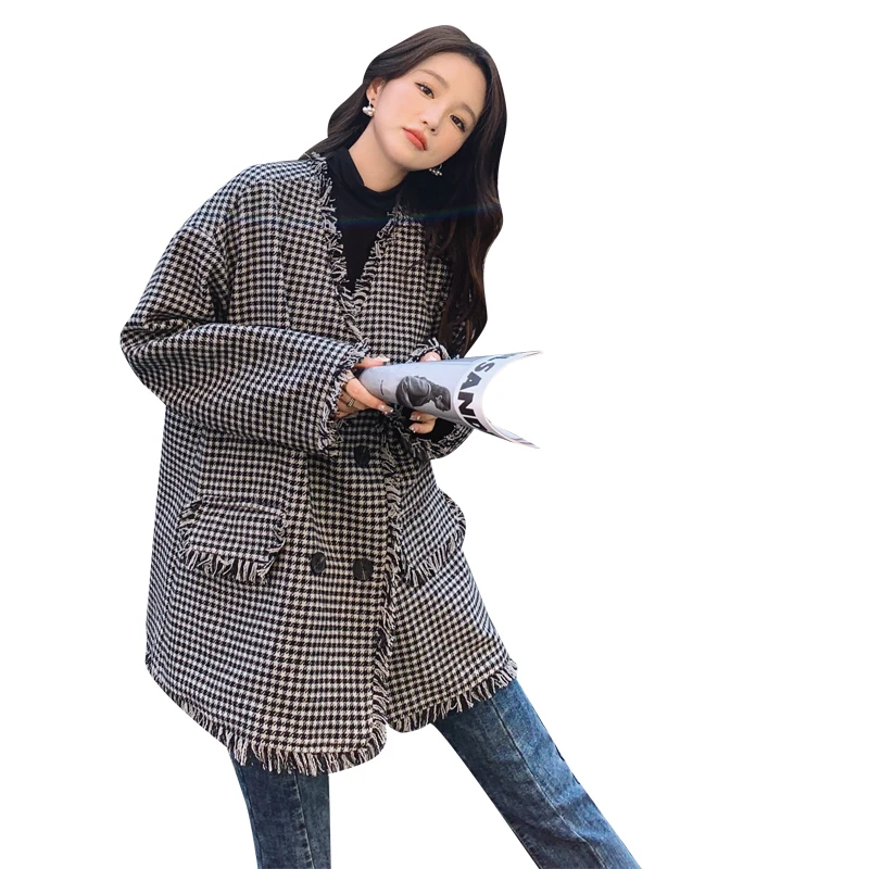 Изящное пальто из твида Женское шерстяное средней длины в Корейском стиле