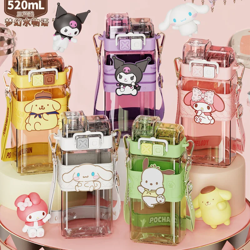 Sanrioed Water Bottle Melody Onpompurin Kuromi Cinnamoroll Plastic Bottle Double drink cup students Cartoon large capacity