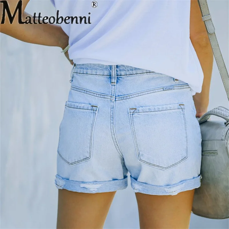 Summer Fashion Skinny Stretch Denim Shorts Women's Mid-waist Casual Light Blue Three Quarter Pants Female Broken Holes Jeans New