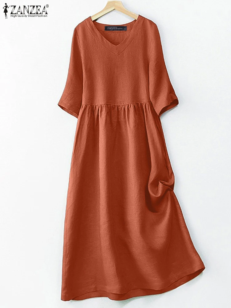 

Платье ZANZEA женское с V-образным вырезом, элегантный рабочий Повседневный свободный хлопковый сарафан в винтажном стиле, однотонное миди-платье с рукавом до локтя, лето