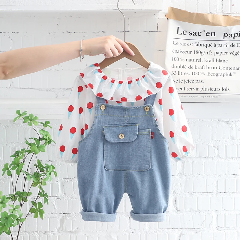

Girls Denim Rompers Clothing Set Spring Autumn New Fashion Cute Sweet Baby Long Sleeved Dot Shirt+Pants with Bow Toddler Outfits