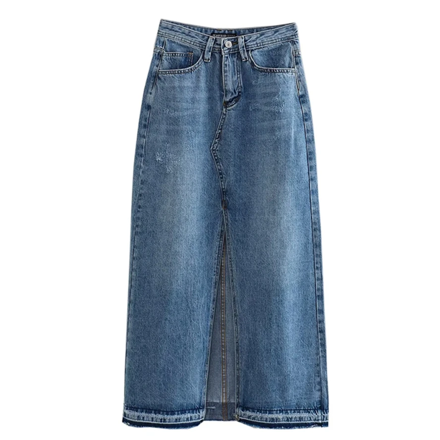 

Elmsk England Fashion Ladies Denim Skirt Women High Street Retro Washed Slit Straight Midi Skirt Female