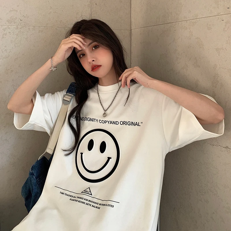 

Новинка 2022, Корейская свободная нижняя одежда средней и длины с принтом надписи влюбленных, женская футболка с коротким рукавом