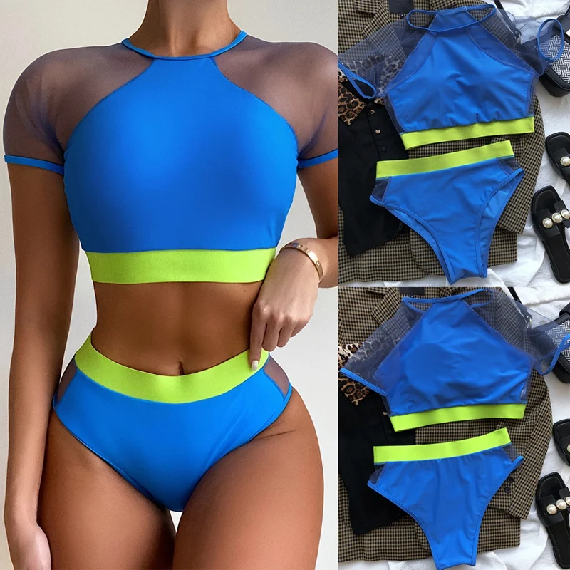 

Short Sleeve Mesh Splicing Female Swimsuit High Waist Bikini Set Women Swimwear 2-Pieces Bathing Suit Swim