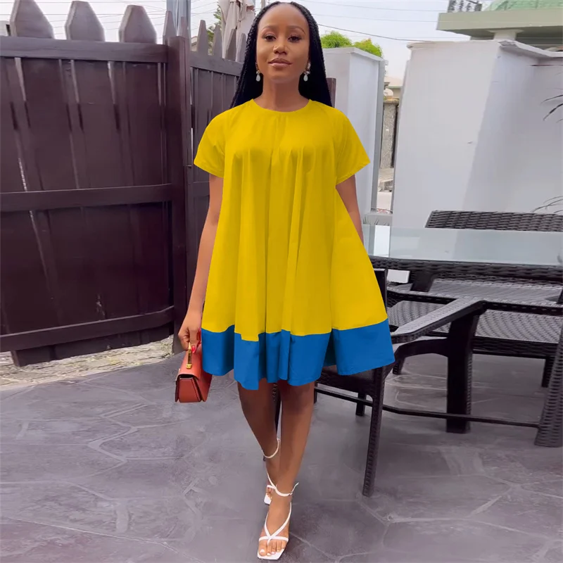 

Znaiml 2023 Casual Spring Party Club Dress Women Color Patchwork O-neck Short Sleeve Ruffles Big Hem Loose A-line Mini Dress