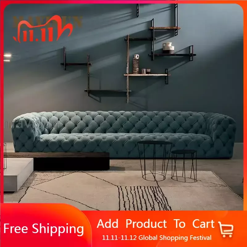 

Blue Velvet Straight Row Multi Seat Armchair Custom Upholstered Chesterfield Sofa Couch Set for Living Room High End Furniture