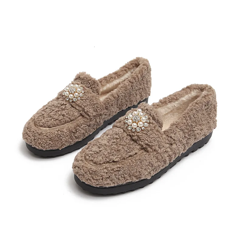 41 42 43 Plus Big Over Large Size Wool Shoes Women Wear Winter Lamb Wool Flat Soles with Thick Solesbean Shoes Cashmere