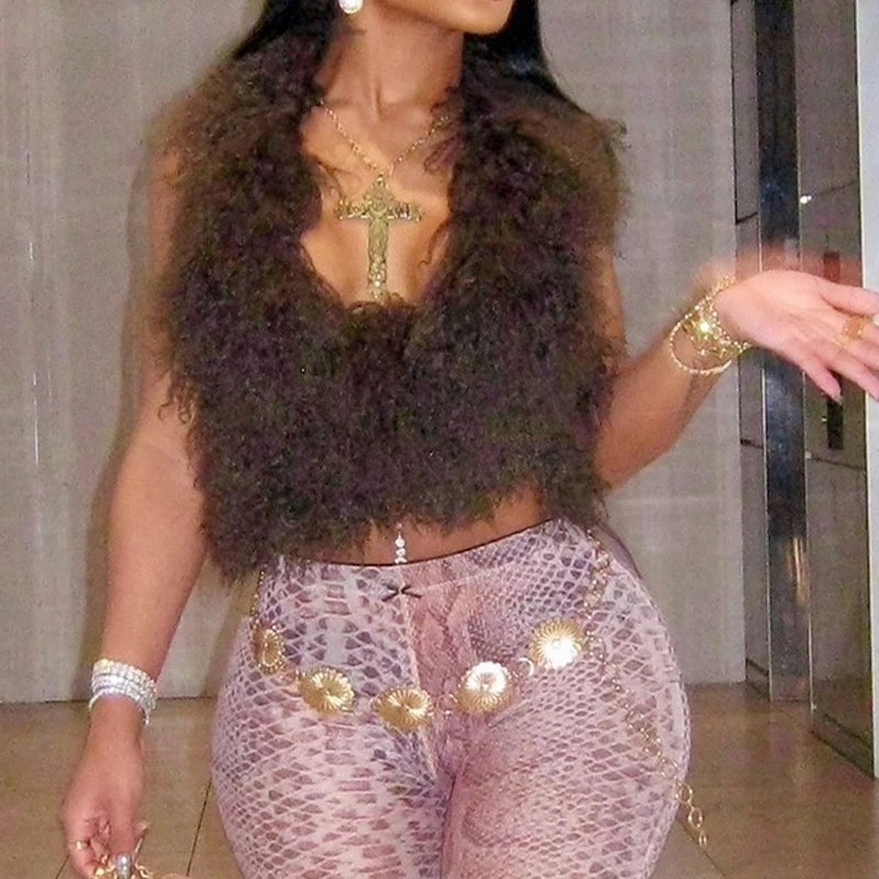 OMSJ модный мини-майка без рукавов с подвесным воротником из искусственного меха и