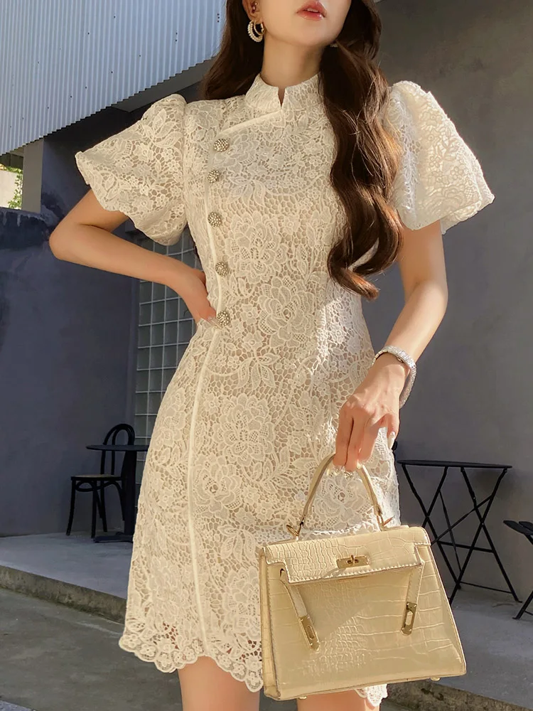 DABUWAWA Tienda Vestidos Elegantes Para Women Lace Dress For Chinese StyleHook Flower Hollow Skirt Y2K DA1BDR087