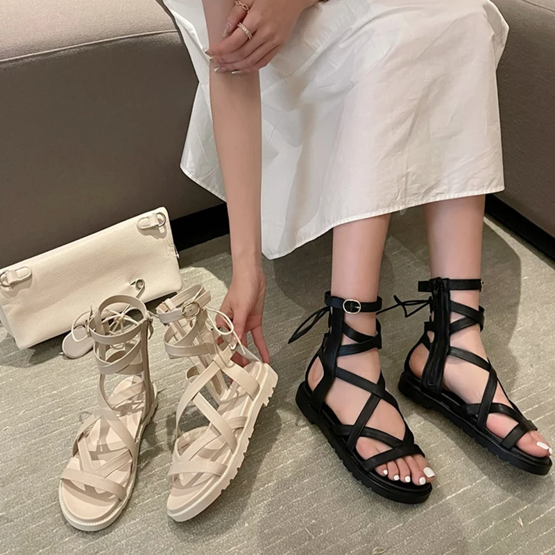 Сандалии в римском стиле женские босоножки на шнуровке с высоким верхом и мягкой