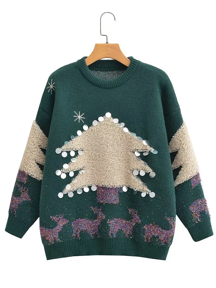 

2022 autumn and winter women's new chic sequins decorated Christmas tree loose and versatile sweater
