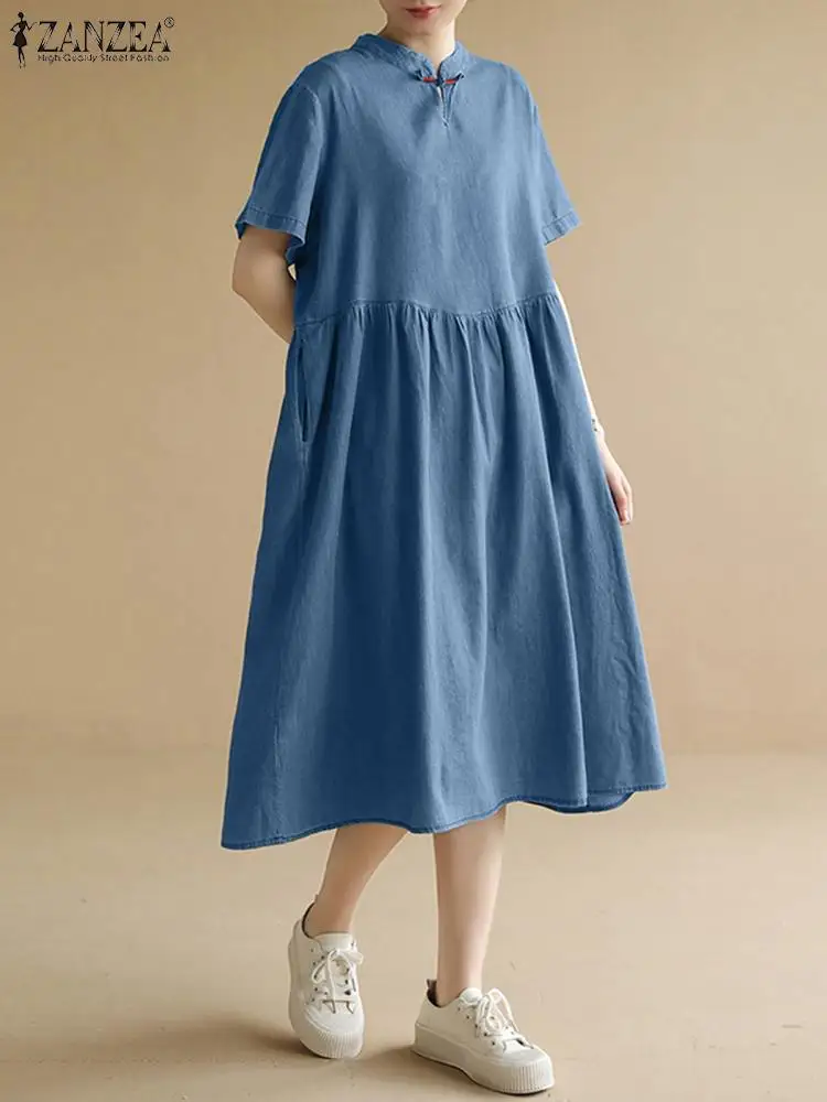 

Платье ZANZEA женское Плиссированное с коротким рукавом, элегантный повседневный Однотонный сарафан свободного покроя, голубое платье из ден...