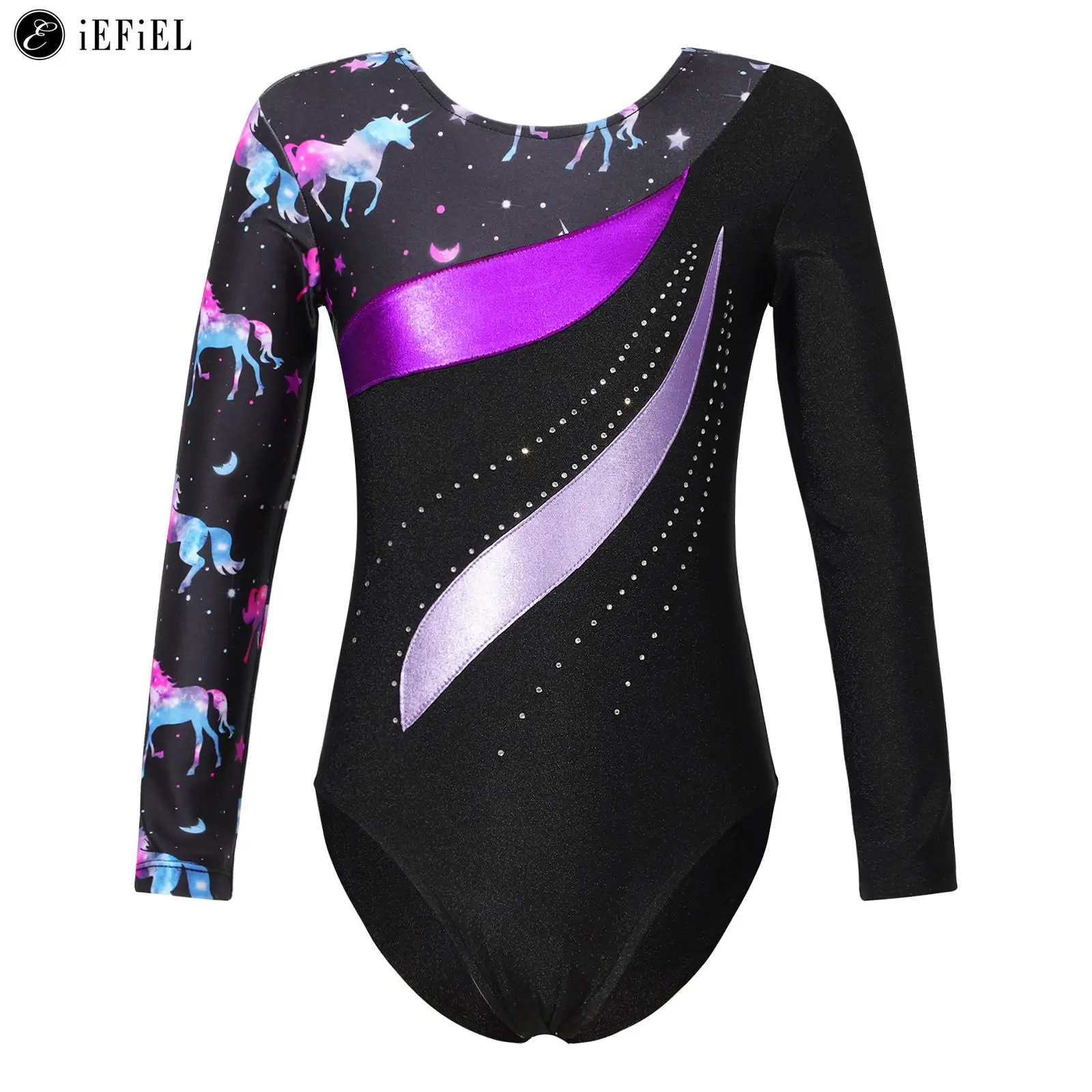 

Kids Girls Shiny Rhinestone Long Sleeve Ballet Dance Leotard Bodysuit Gymnastics Tumbling Ice Skating Unitard Biketard Dancewear