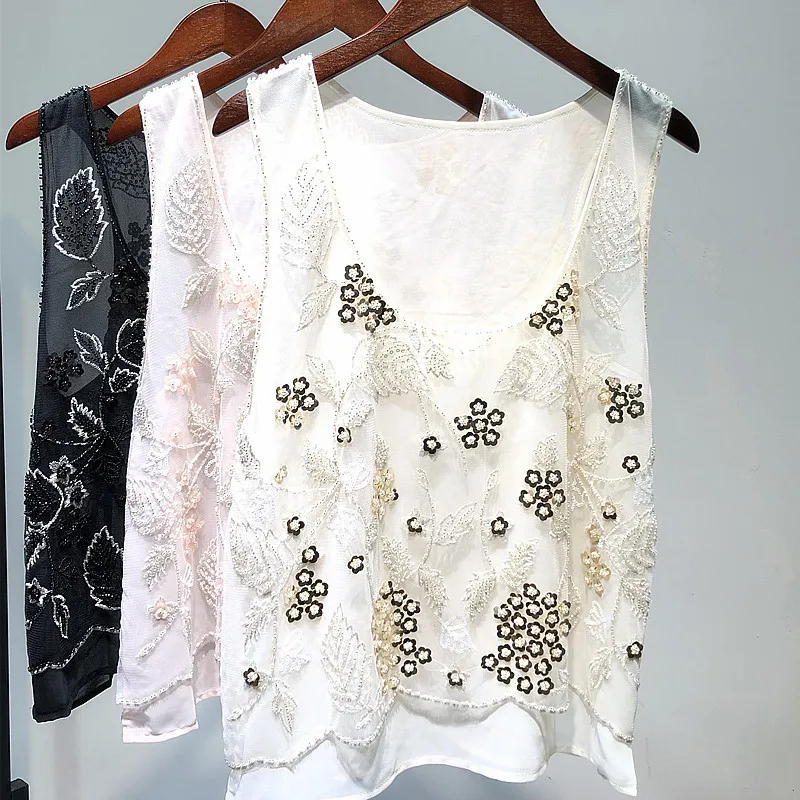Женская шифоновая блузка с цветочным рисунком и вышивкой U-образным вырезом