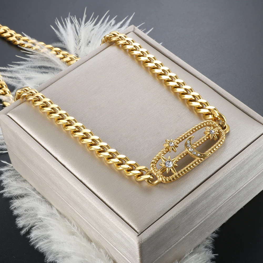 

Fashion Chunky Vintage Miami Cuban Gold Plated Chain Moon Star Pendant Punk Necklace for Women Girl Jewelry Gift Stainless Steel